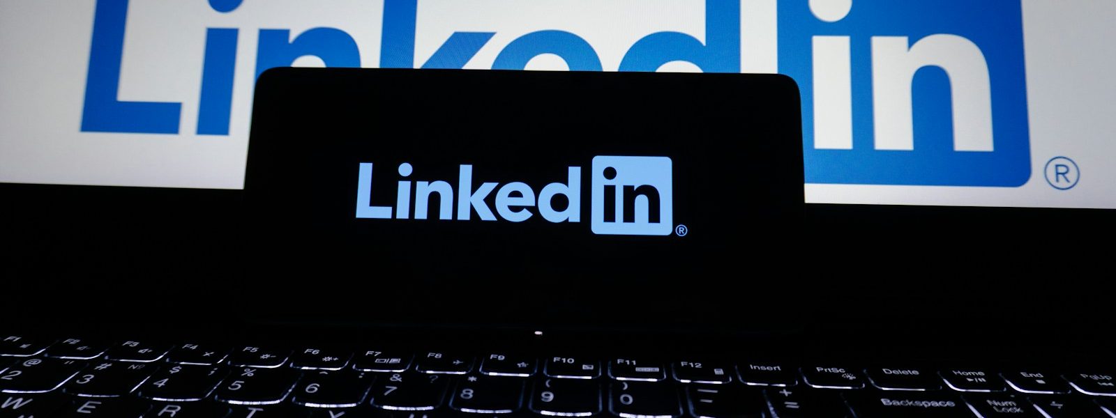 Geschaeftsfrau am Laptop mit LinkedIn Oberflaeche im Buero