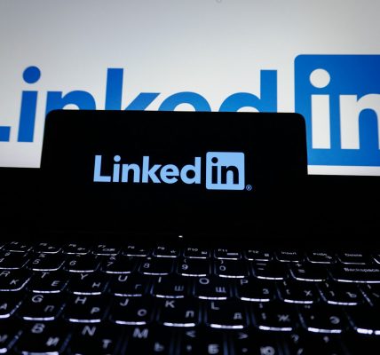 Geschaeftsfrau am Laptop mit LinkedIn Oberflaeche im Buero
